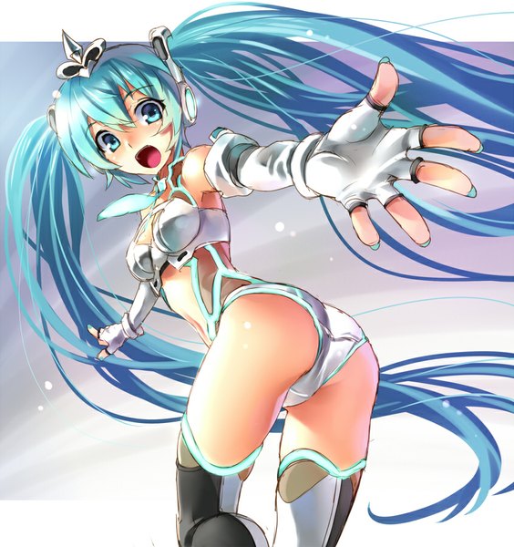 Anime picture 846x900 with vocaloid hatsune miku katahira masashi single tall image looking at viewer open mouth light erotic twintails ass very long hair aqua eyes aqua hair outstretched arm girl gloves headdress fingerless gloves bodysuit