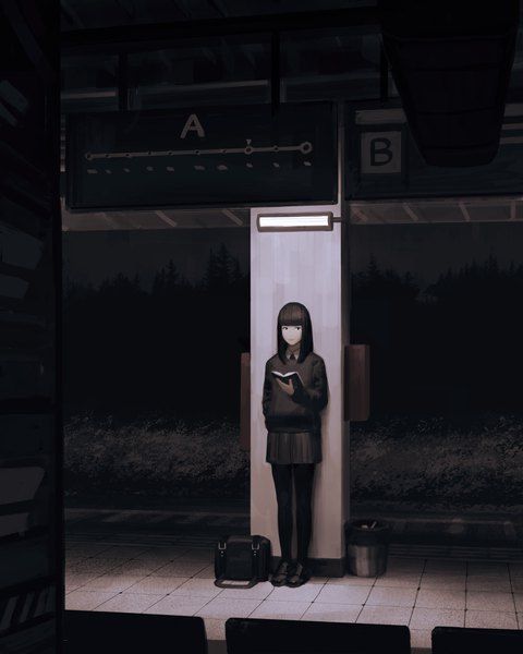 Anime picture 3000x3750 with original guweiz single long hair tall image fringe highres black hair standing holding looking away full body blunt bangs long sleeves pleated skirt black eyes realistic night night sky light