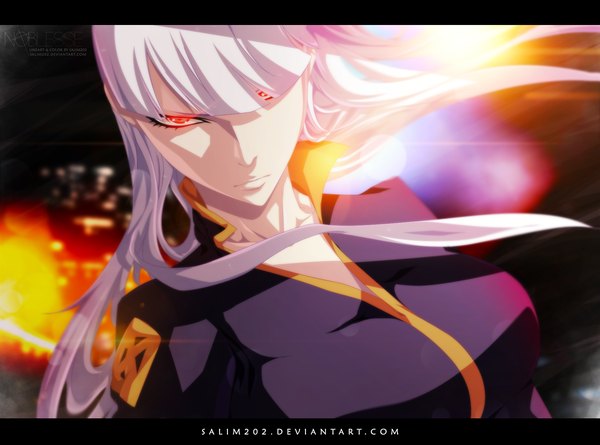 Anime picture 1800x1336 with noblesse seira j. roiard salim202 single long hair highres breasts red eyes white hair sunlight inscription coloring girl cloak fire