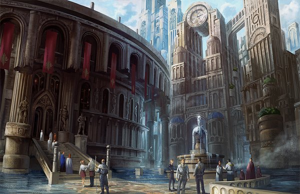 Anime picture 1160x750 with original shinjiro nobayashi standing city group cityscape fantasy walking girl boy plant (plants) water building (buildings) clock stairs people skyscraper tower statue clock tower