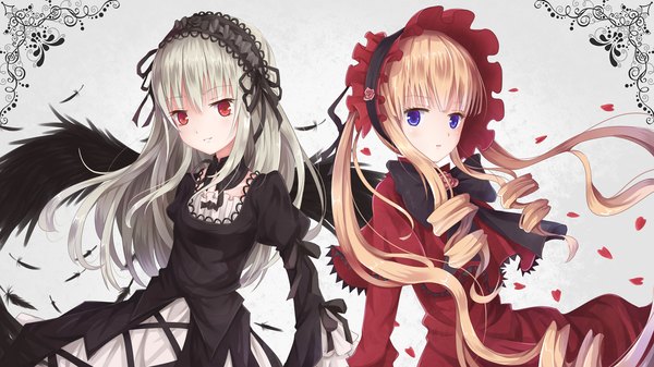 Anime-Bild 1440x810 mit rozen maiden suigintou shinku rin yuu long hair looking at viewer blush blonde hair smile red eyes wide image purple eyes multiple girls silver hair drill hair black wings lolita fashion goth-loli girl dress