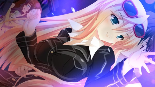 Anime picture 2048x1152 with namima no kuni no faust long hair highres blonde hair wide image game cg hug girl boy sunglasses