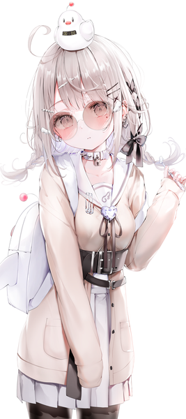 Anime picture 2197x4930 with original shirohato nui single long hair tall image looking at viewer fringe highres simple background standing white background holding ahoge braid (braids) long sleeves pleated skirt grey hair mole grey eyes mole under eye