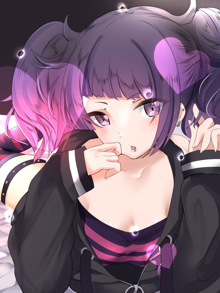 Anime picture 900x1200 with idolmaster idolmaster shiny colors tanaka mamimi schreibe shura single tall image looking at viewer blush fringe short hair open mouth light erotic purple eyes twintails payot purple hair lying blunt bangs lipstick piercing