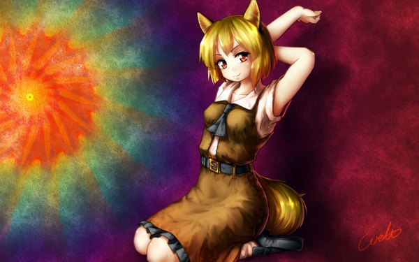 Anime picture 1440x900 with touhou cookie (touhou) miramikaru riran welt (kinsei koutenkyoku) single looking at viewer short hair blonde hair smile red eyes signed animal ears tail animal tail arms up shadow short sleeves fox ears fox tail fox girl