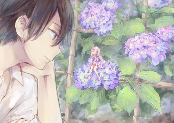Anime picture 900x636 with original purimo (xxxmofmof) long hair fringe short hair open mouth blue eyes smile hair between eyes brown hair sitting looking away ahoge outdoors eyes closed profile barefoot grey hair ^ ^ chin rest