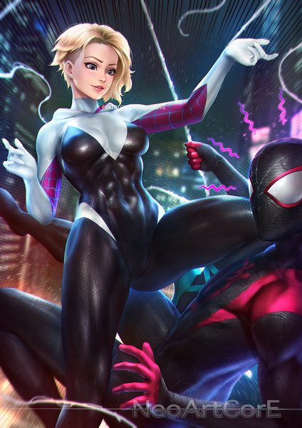 Anime picture 800x1132 with marvel comics spider-man (series) spider-man: into the spider-verse gwen stacy spider-gwen spider-man (miles morales) miles morales nudtawut thongmai tall image short hair breasts light erotic blonde hair signed bent knee (knees) outdoors parted lips lips blurry realistic