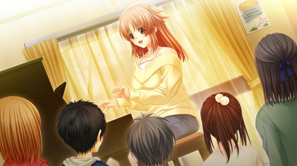 Anime picture 1280x720 with morobito kozorite (game) long hair open mouth red eyes brown hair wide image game cg girl child (children) piano