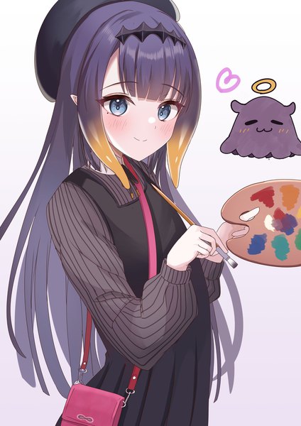 Anime picture 1446x2048 with virtual youtuber hololive hololive english ninomae ina'nis takodachi (ninomae ina'nis) ninomae ina'nis (2nd costume) onabe no shime single long hair tall image blush fringe blue eyes black hair simple background smile animal ears looking away upper body blunt bangs