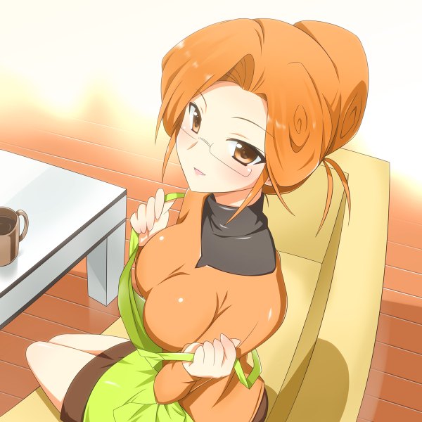 Anime picture 1200x1200 with kami nomi zo shiru sekai katsuragi mari yuto (dialique) single orange hair orange eyes girl glasses apron couch cup
