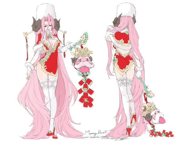 Anime picture 2000x1507 with league of legends poro (league of legends) loiza single looking at viewer highres breasts light erotic simple background standing white background pink hair very long hair horn (horns) from behind black eyes girl thighhighs white thighhighs