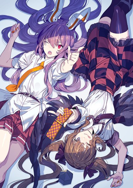 Anime picture 853x1200 with touhou reisen udongein inaba himekaidou hatate zounose long hair tall image fringe hair between eyes red eyes brown hair twintails multiple girls animal ears purple hair lying one eye closed shadow on back grey eyes bunny ears