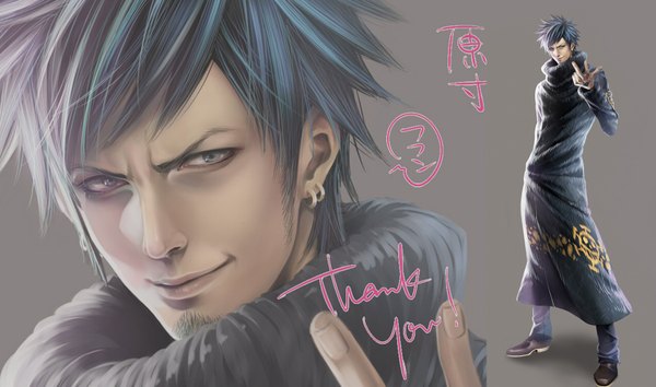 Anime picture 1692x1000 with one piece toei animation trafalgar law mocchiri oyaji single looking at viewer short hair smile wide image blue hair realistic inscription grey background grey eyes tattoo text face english no hat thank you