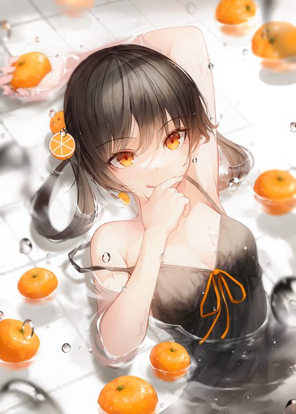 Anime picture 3000x4200 with original crystalherb single long hair tall image looking at viewer fringe highres breasts black hair twintails holding upper body lying arm up blurry on back orange eyes partially submerged strap slip