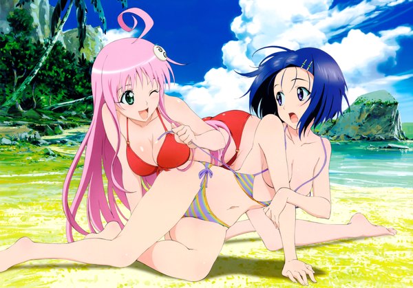 Anime picture 9404x6579 with toloveru toloveru darkness xebec lala satalin deviluke sairenji haruna long hair highres short hair breasts blue eyes light erotic multiple girls green eyes blue hair pink hair absurdres sky cloud (clouds) ahoge one eye closed