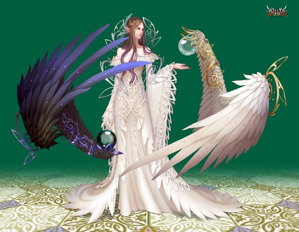 Anime picture 1647x1281 with anima wen-m long hair blue eyes brown hair realistic magic elf green background girl dress wings jewelry feather (feathers)