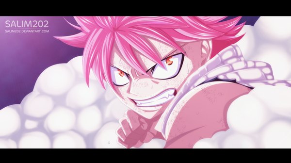 Anime picture 1024x574 with fairy tail natsu dragneel salim202 single short hair wide image pink hair orange eyes sleeveless grin coloring close-up smoke face muscle angry boy scarf fist