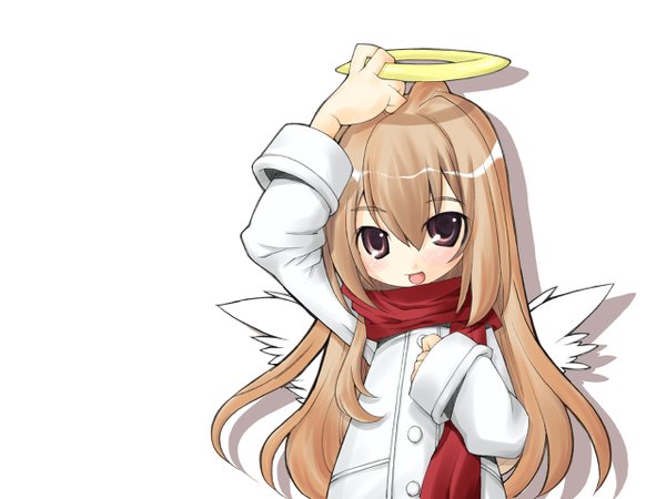 Anime picture 1280x960 with toradora j.c. staff aisaka taiga single long hair looking at viewer simple background smile brown hair white background brown eyes angel wings white wings angel girl wings scarf halo red scarf