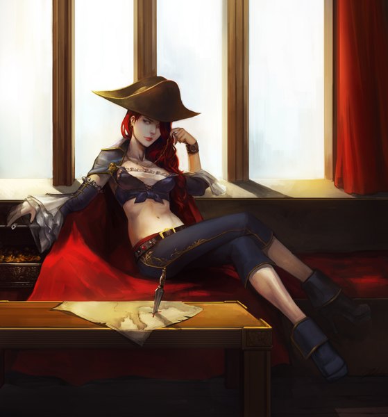 Anime picture 1500x1608 with league of legends miss fortune (league of legends) noa ikeda single long hair tall image blush fringe sitting yellow eyes red hair nail polish hair over one eye shadow lipstick crossed legs eyeshadow pirate girl navel