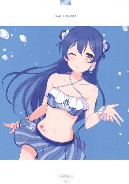 Anime picture 2389x3416 with love live! school idol project sunrise (studio) love live! sonoda umi 6u (eternal land) single long hair tall image looking at viewer blush highres yellow eyes blue hair nail polish one eye closed hair bun (hair buns) character names blue background wrist scrunchie girl