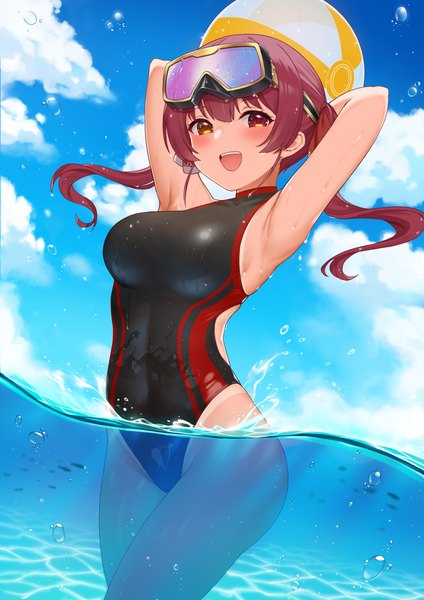 Anime picture 2480x3509 with virtual youtuber hololive houshou marine fukuro ko (greentea) single long hair tall image looking at viewer blush fringe highres breasts open mouth light erotic smile red eyes standing twintails yellow eyes sky