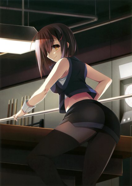 Anime picture 2494x3500 with original yuuki makoto (radiant) single tall image blush highres short hair light erotic brown hair bare shoulders brown eyes looking away ass profile light smile scan billiards girl skirt miniskirt