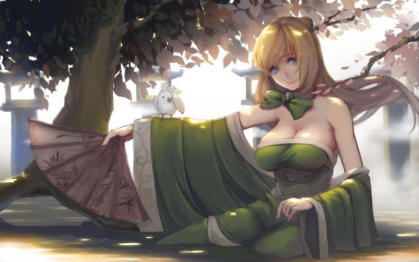 Anime picture 1200x750 with original pandea work long hair looking at viewer fringe breasts blue eyes blonde hair smile large breasts sitting long sleeves sunlight wide sleeves outstretched arm girl dress bow plant (plants) detached sleeves