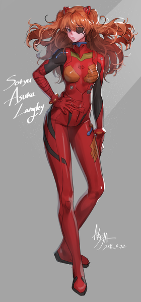 Anime picture 800x1714 with neon genesis evangelion rebuild of evangelion gainax soryu asuka langley abeja single long hair tall image looking at viewer fringe blue eyes simple background twintails signed full body orange hair grey background character names hand on hip dated