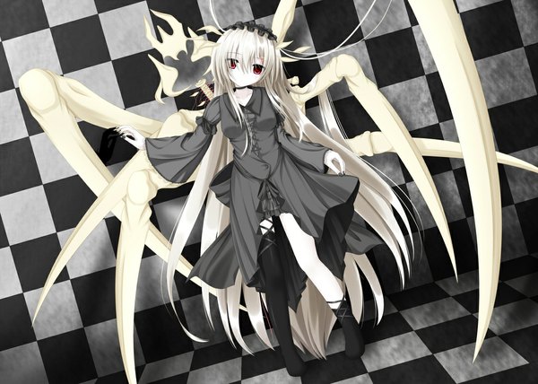 Anime picture 1121x800 with yoye (pastel white) red eyes white hair checkered background girl