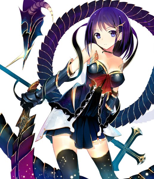 Anime picture 1000x1163 with original machimura komori single long hair tall image looking at viewer blue eyes simple background white background bare shoulders purple hair girl thighhighs dress gloves hair ornament weapon black thighhighs sword