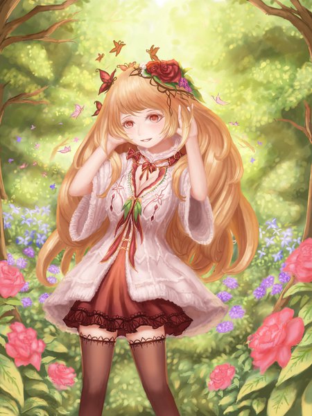Anime picture 1200x1600 with original rinmmo single long hair tall image looking at viewer blush fringe breasts blonde hair smile red eyes standing cleavage outdoors blunt bangs parted lips hair flower sunlight wide sleeves