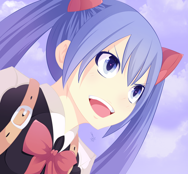 Anime picture 1725x1600 with fairy tail wendy marvell wendytsq single long hair highres open mouth blue eyes smile twintails blue hair sky cloud (clouds) coloring close-up girl bowtie