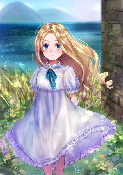 Anime picture 705x1000 with omoide no marnie studio ghibli marnie soramame tomu single long hair tall image looking at viewer blush blue eyes blonde hair smile standing signed sky outdoors wind puffy sleeves lens flare drill hair