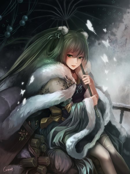Anime picture 1536x2048 with vocaloid hatsune miku crazat single long hair tall image looking at viewer blush open mouth sitting twintails green eyes signed traditional clothes japanese clothes green hair light smile lips girl hair ornament