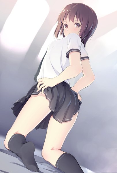 Anime picture 1354x2000 with original yoshino ryou single tall image looking at viewer blush fringe short hair light erotic brown hair brown eyes pleated skirt looking back short sleeves no shoes thighs kneeling hands on hips girl skirt