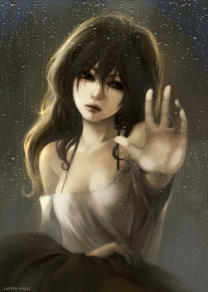 Anime picture 833x1167 with original lan wu single long hair tall image brown hair bare shoulders signed black eyes outstretched arm girl water drop t-shirt