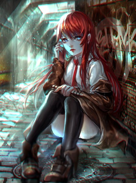 Anime picture 1403x1886 with steins;gate white fox makise kurisu sangrde single long hair tall image fringe blue eyes light erotic sitting full body bent knee (knees) red hair lips sunlight open jacket lipstick red lipstick anaglyph