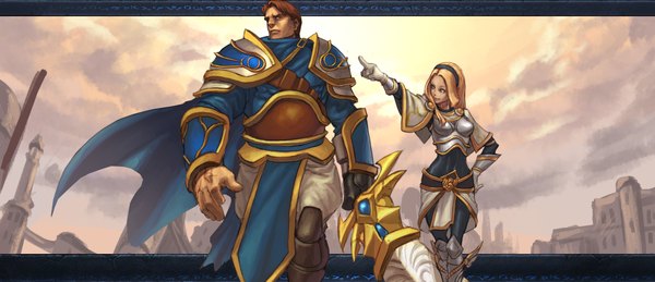 Anime picture 4625x2004 with league of legends lux (league of legends) garen (league of legends) penett long hair highres short hair blue eyes blonde hair brown hair wide image absurdres cloud (clouds) pointing girl boy gloves weapon sword armor