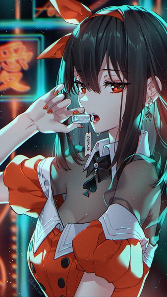Anime picture 1080x1920 with original nardack single long hair tall image looking at viewer fringe open mouth black hair hair between eyes red eyes signed payot upper body nail polish arm up fingernails off shoulder teeth sparkle