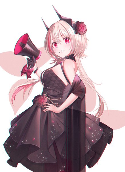Anime picture 909x1248 with girls frontline m4 sopmod ii (girls frontline) kimi (jxrm5387) single long hair tall image looking at viewer blush fringe blonde hair smile hair between eyes white background holding pink eyes multicolored hair hair flower horn (horns) streaked hair grin