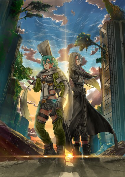 Anime picture 1447x2047 with sword art online a-1 pictures kirigaya kazuto asada shino cunzhang long hair tall image looking at viewer fringe short hair black hair hair between eyes standing holding payot looking away sky cloud (clouds) full body bent knee (knees)