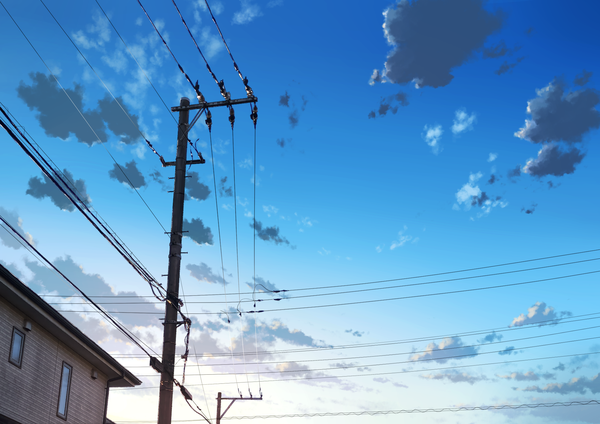 Аниме картинка 1920x1358 с оригинальное изображение anyotete высокое разрешение небо облако (облака) на улице без людей живописный утро окно здание (здания) дом линии электропередач столб