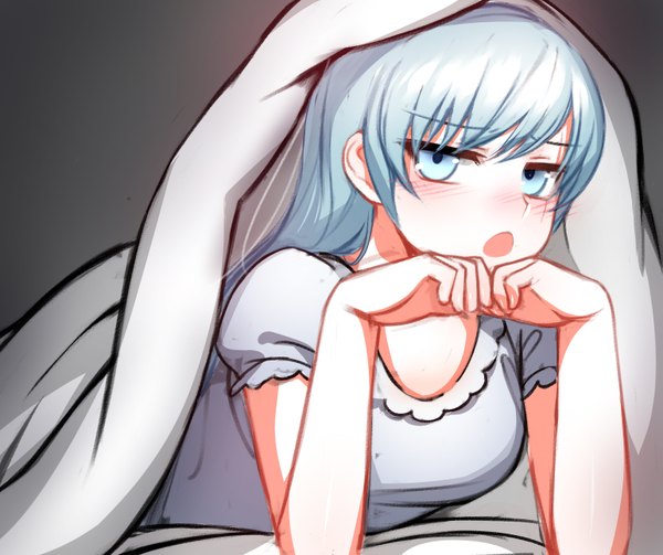 Anime picture 1541x1294 with rwby rooster teeth weiss schnee ndgd (bean1215) single long hair looking at viewer blush fringe breasts open mouth blue eyes simple background payot blue hair grey background arm support :o short sleeves puffy sleeves