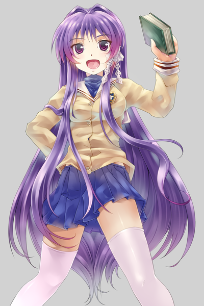 Anime picture 1200x1800 with clannad key (studio) fujibayashi kyou srx61800 single long hair tall image open mouth simple background purple eyes purple hair zettai ryouiki girl thighhighs skirt miniskirt white thighhighs book (books)