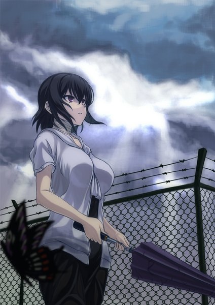Anime picture 827x1169 with original maou single tall image short hair black hair purple eyes closed umbrella girl shirt insect butterfly umbrella fence