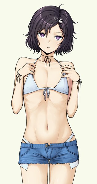 Anime picture 709x1346 with steins;gate white fox urushibara ruka pas (paxiti) single tall image looking at viewer fringe short hair open mouth light erotic black hair simple background hair between eyes standing purple eyes bare shoulders parted lips head tilt flat chest