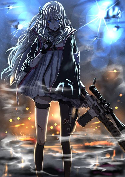 Anime picture 1383x1959 with girls frontline st ar-15 (girls frontline) kamatama single long hair tall image looking at viewer fringe open mouth blue eyes hair between eyes brown hair standing holding sky full body blurry one side up torn clothes hand on chest
