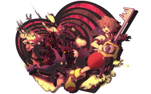 Anime picture 1680x1050 with kingdom hearts square enix sora (kingdom hearts) highres short hair open mouth blue eyes brown hair wide image yellow eyes dark skin chasing gloves shoes hoodie keyblade heartless tore