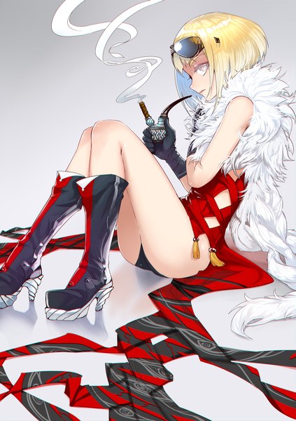 Anime picture 1398x1984 with original pixiv fantasia pixiv fantasia t realmbw single tall image looking at viewer fringe short hair light erotic simple background blonde hair sitting bent knee (knees) profile grey background grey eyes high heels reflection smoke