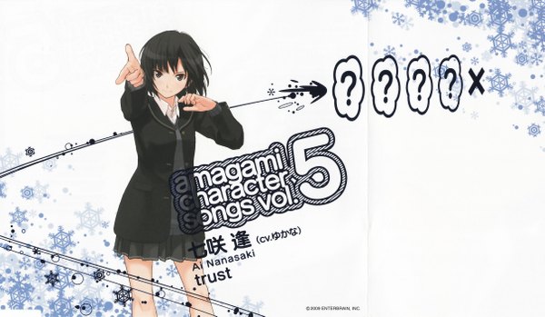 Anime picture 2420x1410 with amagami nanasaki ai single highres short hair black hair smile wide image black eyes inscription pointing girl skirt uniform school uniform